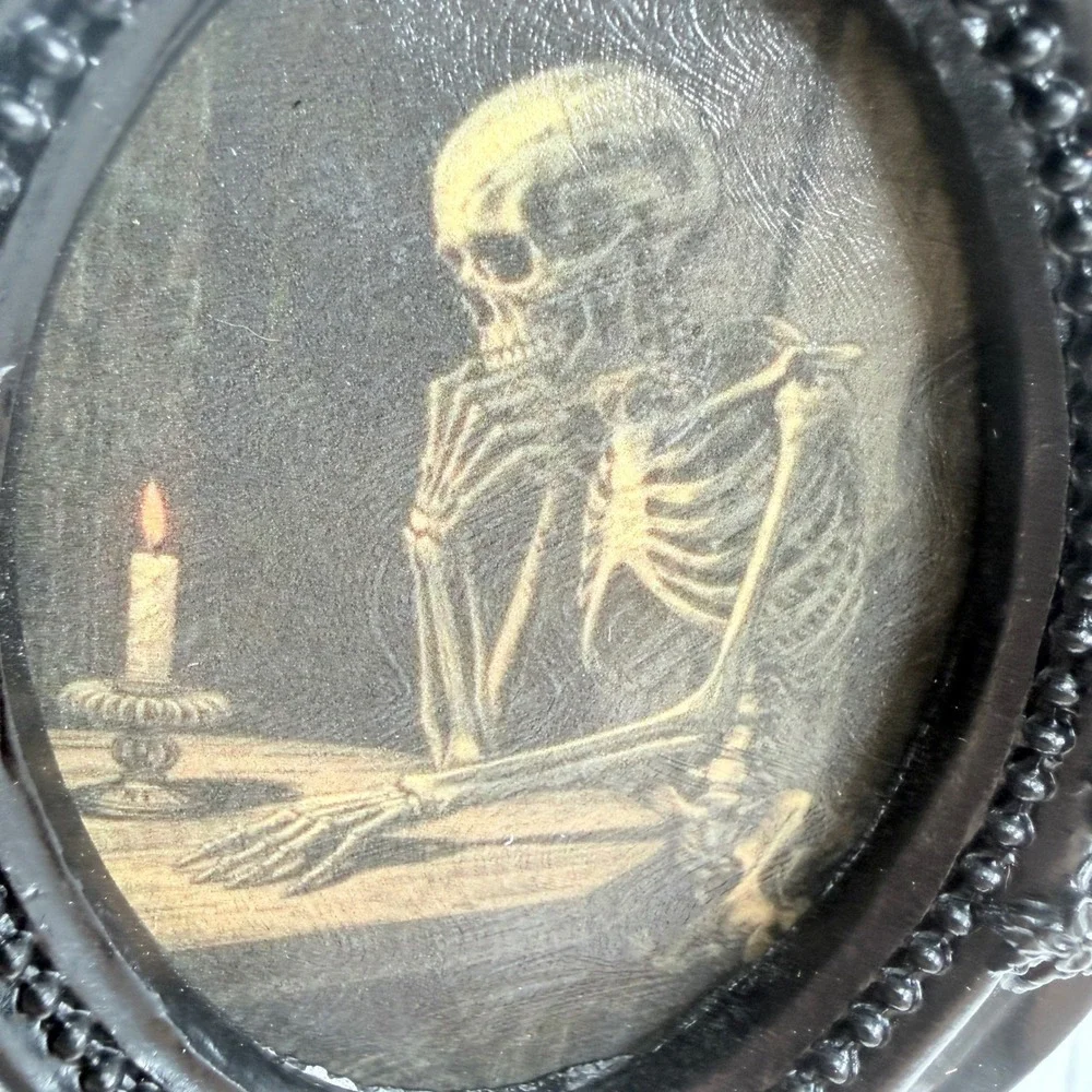 Gothic Pensive Skeleton Art Print Decoupaged in Black Ornate Resin Frame